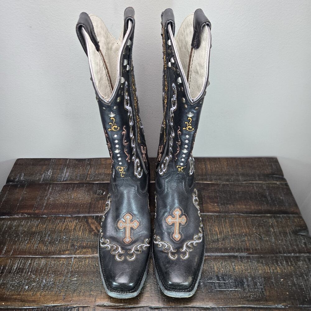 Ariat x Gypsy Soule Womens Size 7 B Cowboy Boots Cross Leather Black - Picture 2 of 12